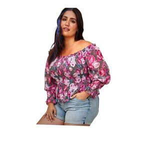 Women's Torrid Purple, Gray Floral Off Shoulder Long Sleeve Crop Top, 5, 5X, 28